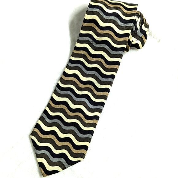 Men's Vintage Urban Canvas 100% Silk Tie Wavy Horizontal Motif - Picture 1 of 12